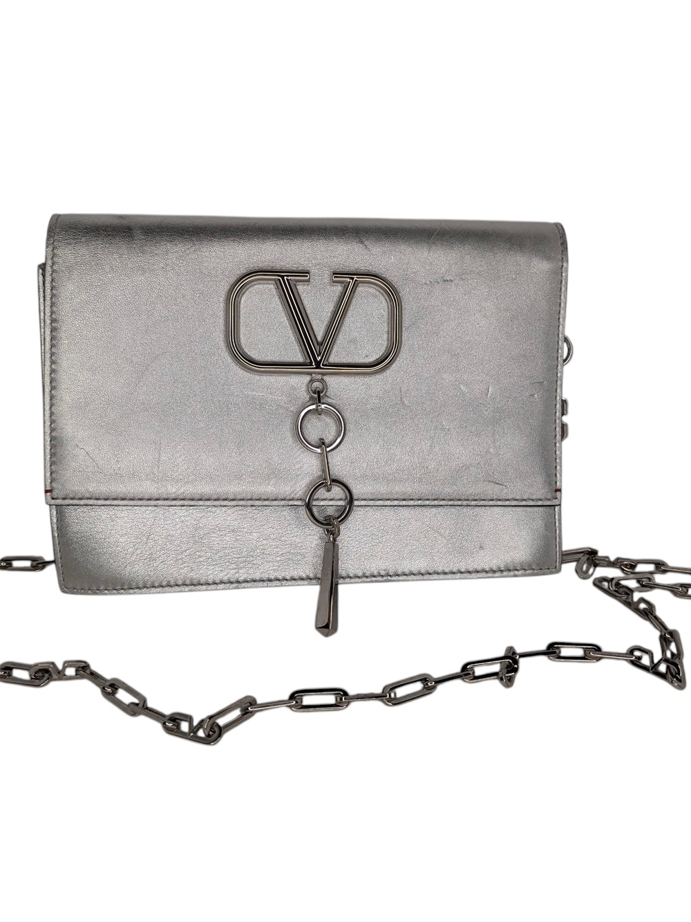 Valentino Garavani Metallic Silver V-Logo Chain Crossbody